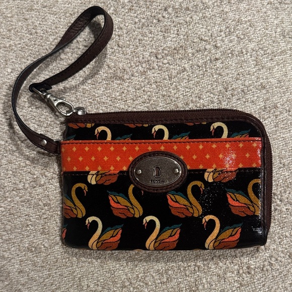 Fossil Key-Per Patent Leather Cowhide Trim Colorful Swan Wristlet Wallet Pouch - Picture 1 of 5